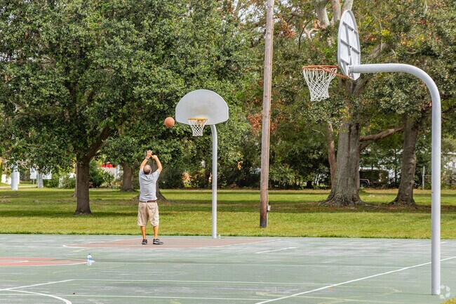 Montclair Park in Sunset Lake Estates has a well maintained basketball court with several hoops.