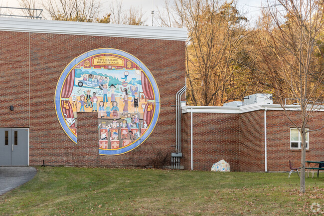This mural depicts the fifth grade grand finale at the Loker Elementary School in Wayland, MA.