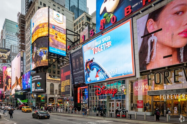 Large digital billboards distinguish the Times Square area.