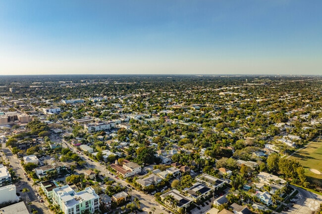 Bird's-eye view of the Bryant Park neighborhood from above, showcasing its tranquil charm.