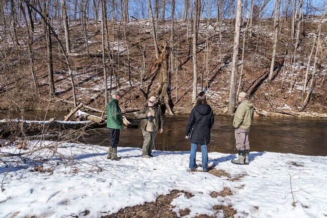A group of engineers discuss how best to remove a fallen tree from Yellow Breeches creek.