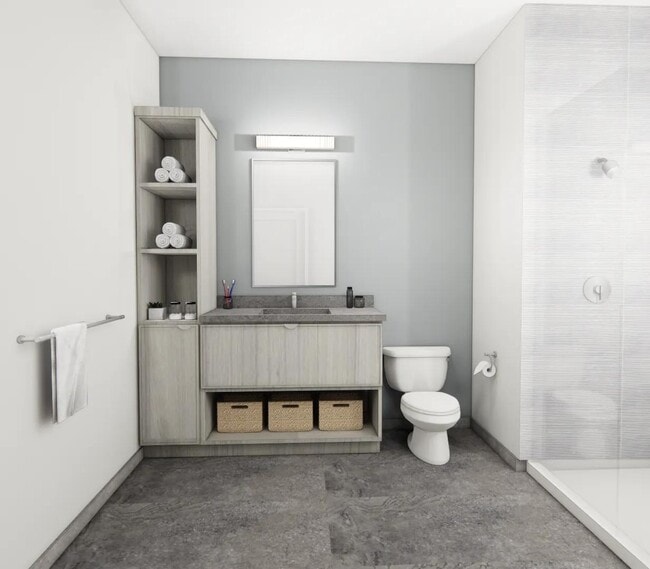 Designer bathrooms with double vanities, quartz countertops, and linen closet in select apartment homes near Boston.