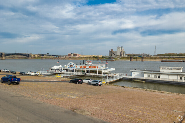 The riverfront in St. Louis is a bustling waterway for barge traffic.