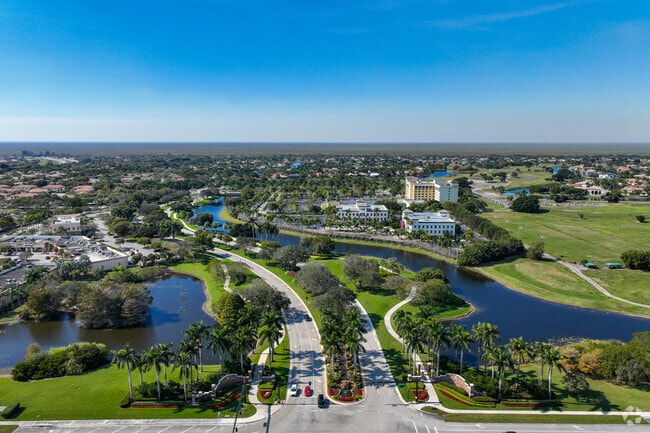 Aerial view of the entrance to the Heron Bay neighborhood.