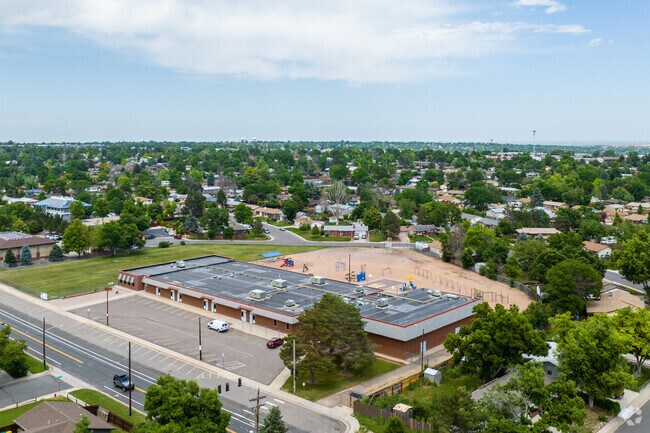 An overall campus view of Mesa Elementary School in Westminster, Colorado.