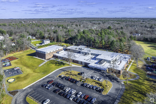 An aerial view of Mabelle M. Burrell Elementary School in Foxborough, MA.