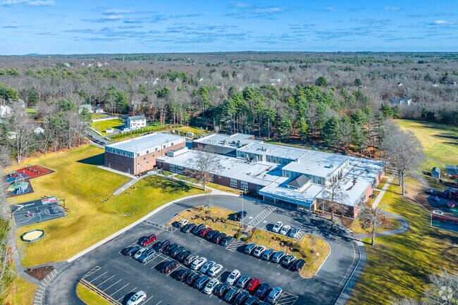 An aerial view of Mabelle M. Burrell Elementary School in Foxborough, MA.