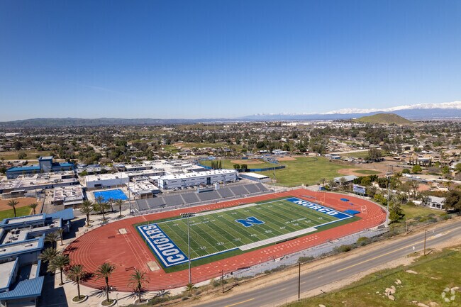 An aerial view of the Norco High School football field and track for budding athletes in Norco.