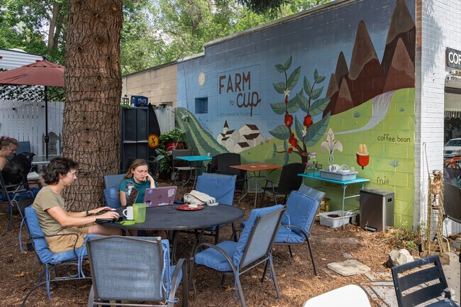Two Mulberry Hill college students get their homework done on The Fox Den patio.