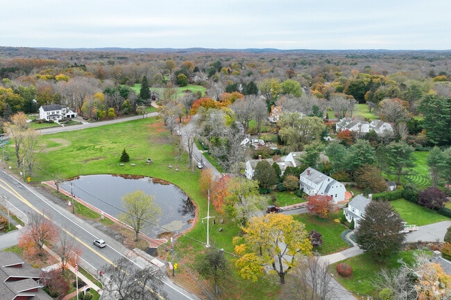 At the center of Newbury is a common area filled with monuments and a small pond.