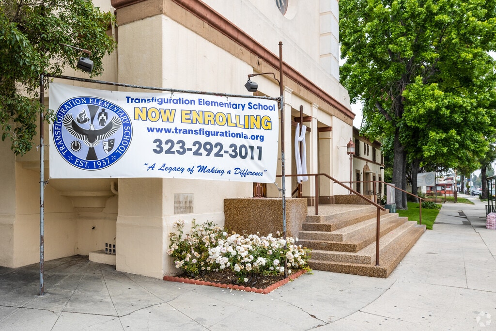 Transfiguration Elementary School view of the front entrance.