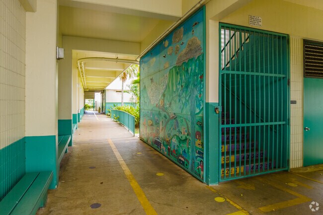 Brightly colored murals decorate the corridors of Ahuimanu Elementary School.
