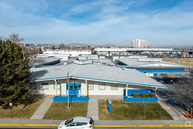 An aerial view of Roger Corbett Elementary School with the GSR in the background.