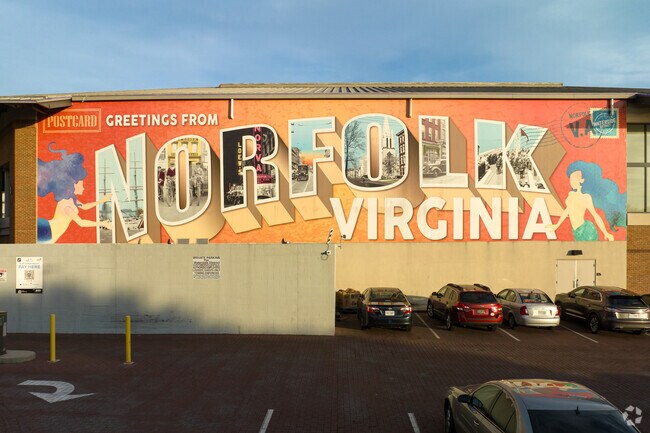 A beautiful mural representing Downtown Norfolk can be seen near Waterside District.