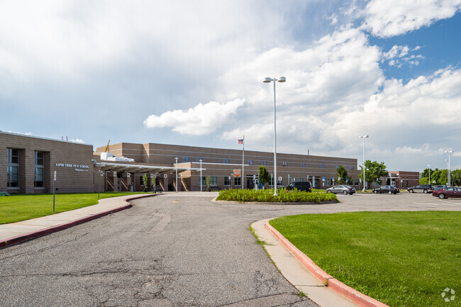 The entrance and main building at Aspen Creek K-8 School in Broomfield, Colorado.