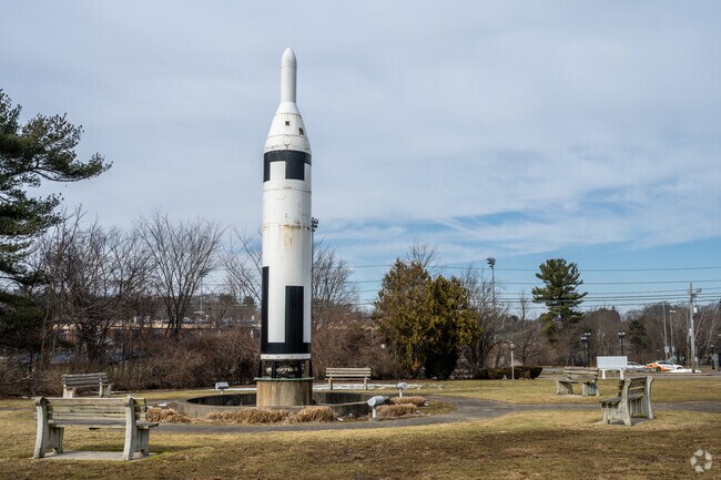 The rocket stands at the Dr. Robert Goddard Park in Auburn & dedicated to his memory.