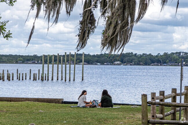 Lakeside residents enjoying a waterfront lunch on Doctors Lake.