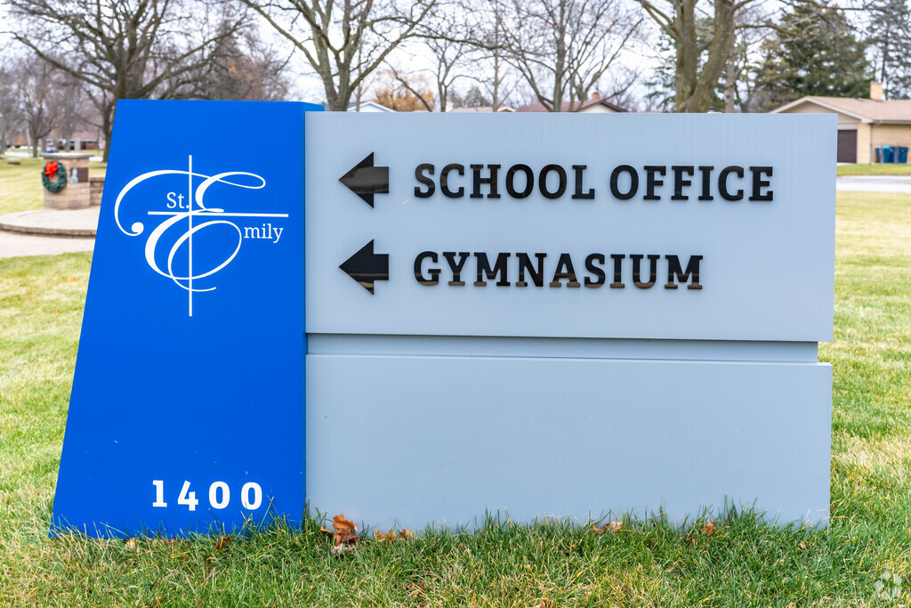 St. Emily Elementary School has signage directing visitors to the correct locations.