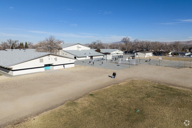 An aerial view of students outside at George L Dilworth Middle School.