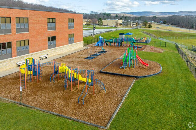 Laurel Valley Elementary School has a colorful playground at the front of the school.