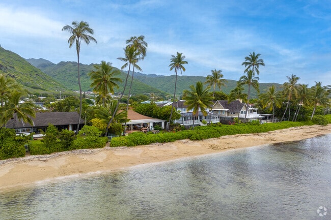 Picturesque waterfront homes with palm trees dot the beaches in Kuli'ou'ou-Kalani Iki, HI.