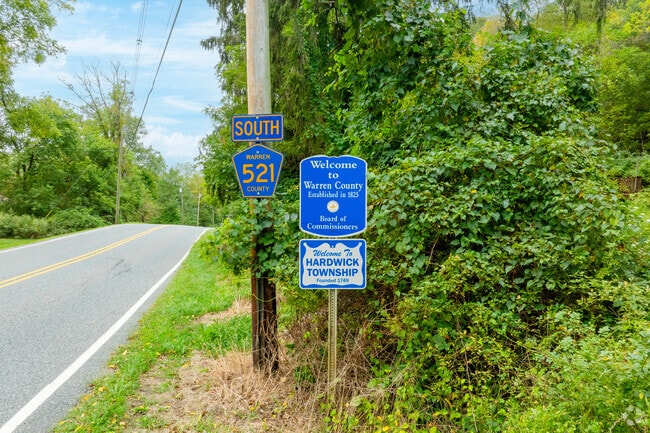 The Hardwick Township welcome sign greets drivers along Warren County Route 521.