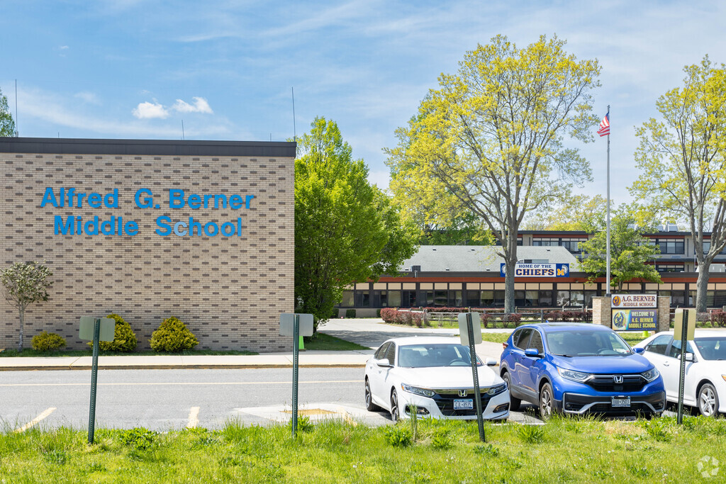 The Alfred G Berner Middle School in E. Massapequa, is a sprawling building on a large campus.