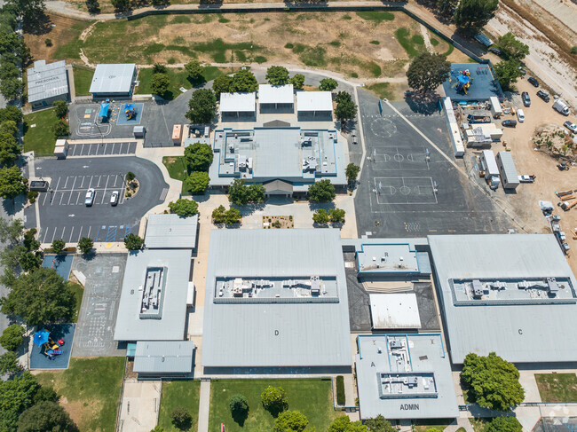 An aerial from the front of the school Rosedell Elementary School in Saugus, CA.