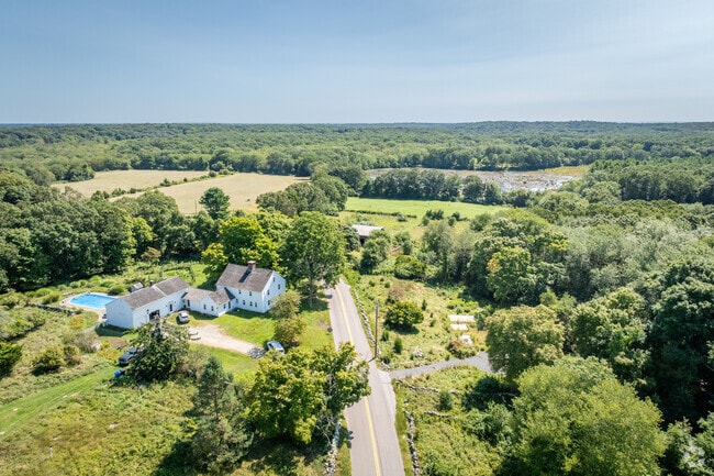 Take in an aerial view of Ledyard’s farmlands and houses in Ledyard, CT.