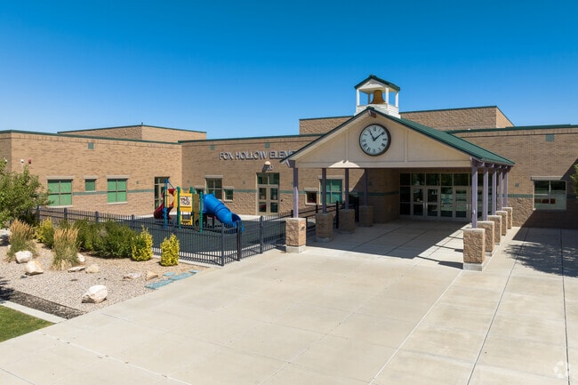 Fox Hollow Elementary School in Jordan Hills, recognized by it's clock above the entrance.