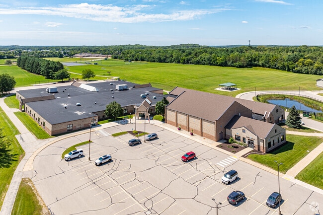 Large trees surround the campus of Evergreen Elementary School in Waterford, WI.
