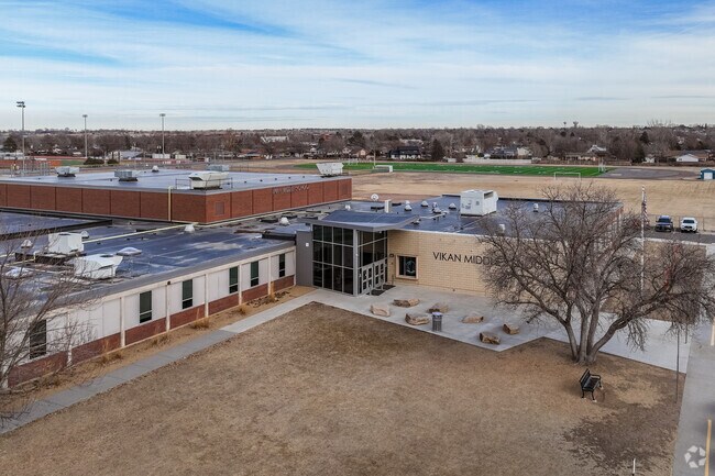 The front entrance at Vikan Middle School in Brighton, Colorado.