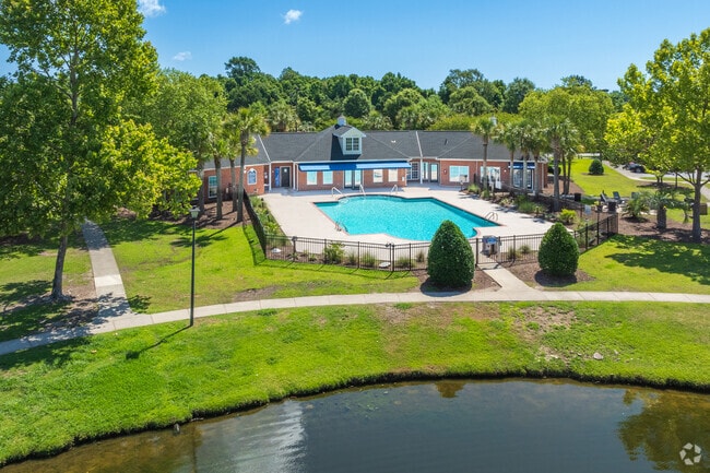 Aerial pool view from pond.