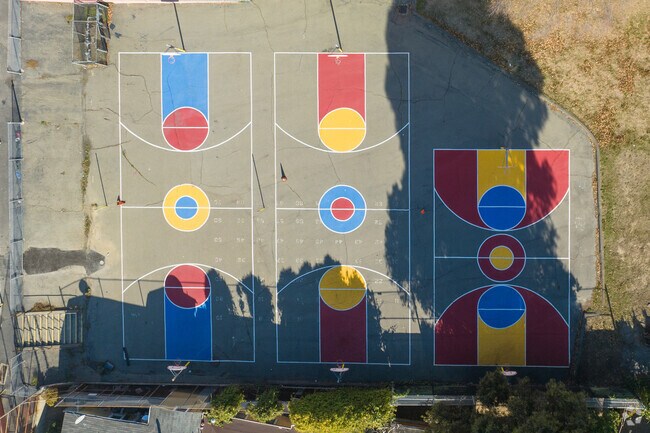Bret Harte Middle School has a colorful basketball court area for students.