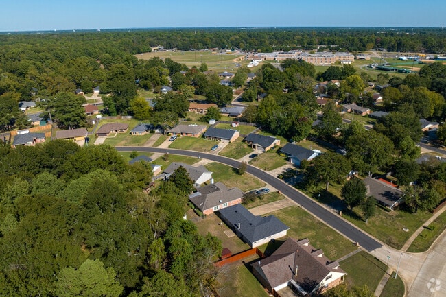 Overview of the neighborhood surrounded by trees.