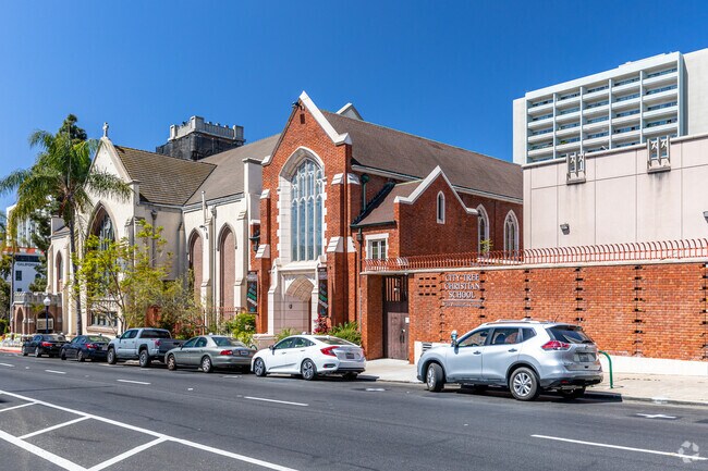 School Entrance with street parking available for visitors.
