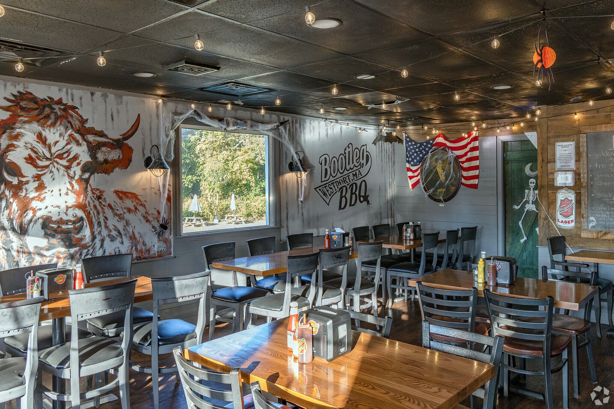 Bootleg BBQ near the Head of Westport has plenty of seating to enjoy their fine BBQ.