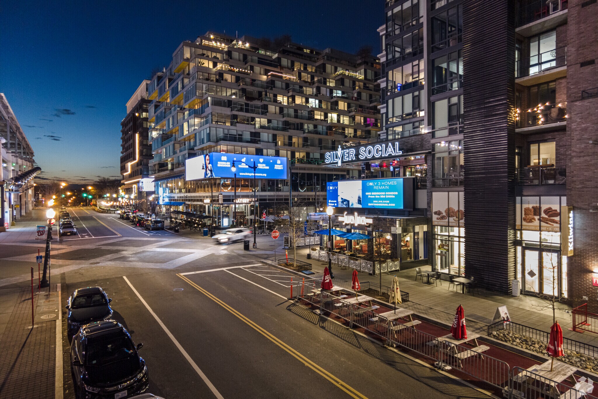 The Navy Yard neighborhood in Washington, DC comes alive at night.
