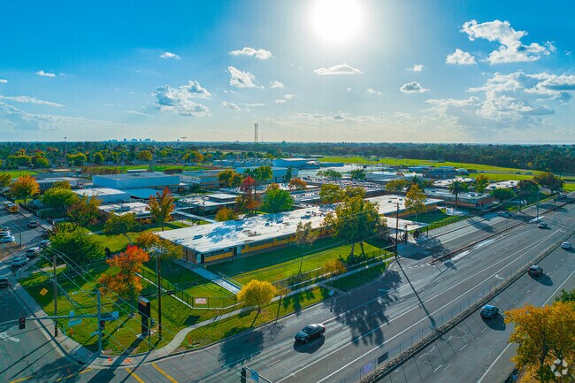 Sun begins to set over Rio Linda High School as students prepare for after school activities.