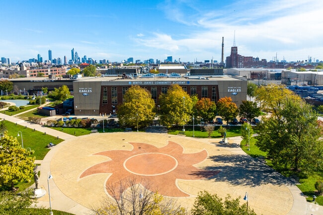 Juarez Community Academy High School has a great courtyard to hang out on.