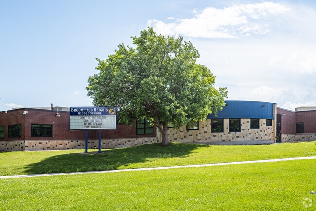 The sign and main building at Broomfield Heights Middle School in Broomfield, Colorado.