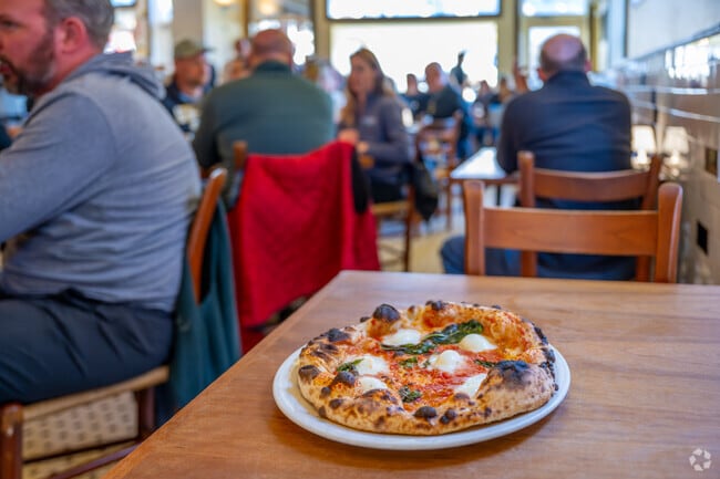 Margherita pizza from 2 Amys in McLean Gardens, baked in their brick pizza oven.