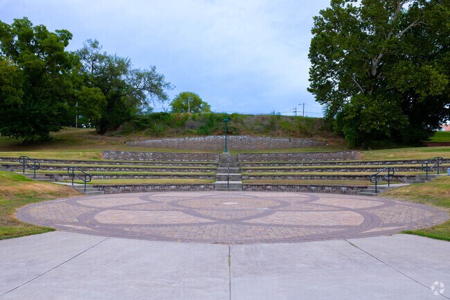 Drake Harbor seating area overlooks the lake.
