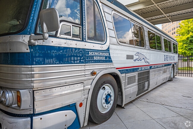 A vintage Greyhound sits as a tribute for the 1961 Freedom Riders attack in Anniston.