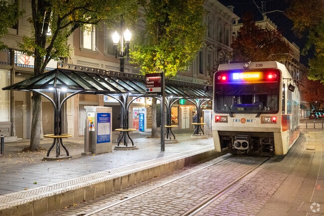 TRIMET buses and MAX light rail trains roll throughout Downtown Portland