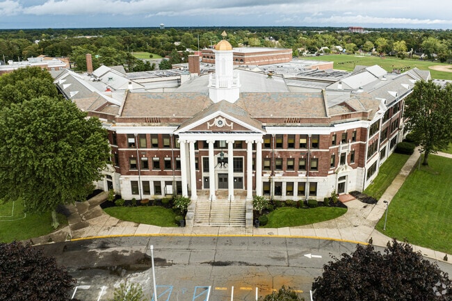 The main entrance of the school has a a vintage feel to it.