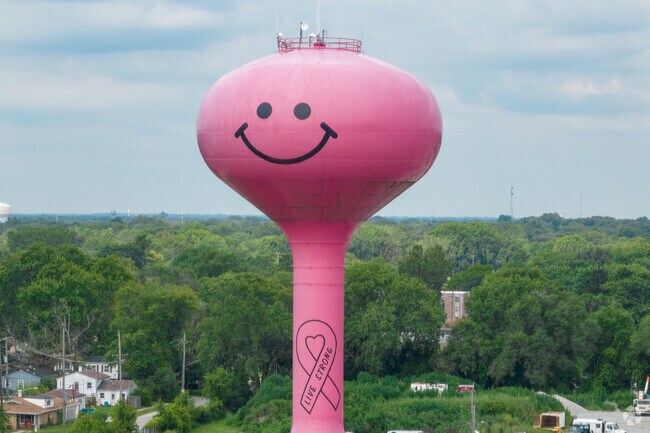 Pink smiley face water tower and a live strong ribbon painted on the front, Burnham, IL.