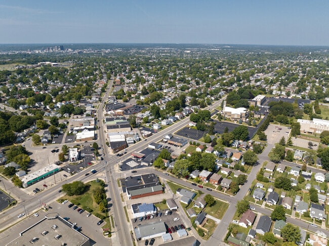 An aerial view captures the intersection at the heart of Belmont's business district.