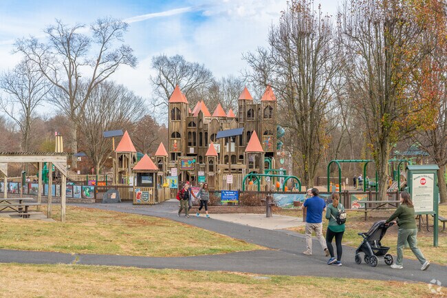 Families enjoy the massive castle playground at Central Park in Doylestown.