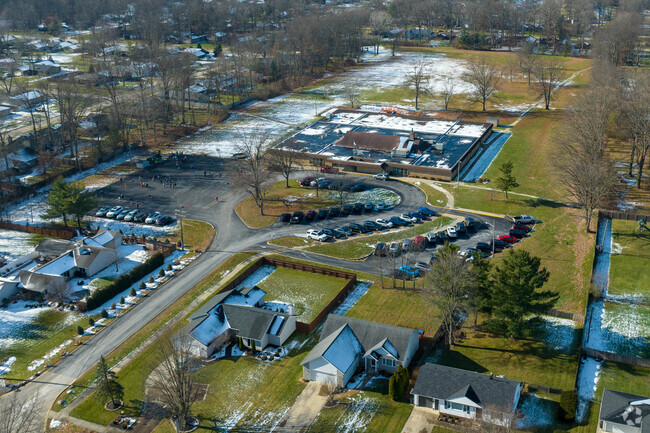 Aerial view of Surrarrer Elementary School and surrounding neighborhood in Strongsville.